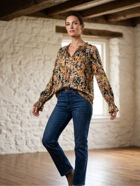 7th Ray Floral Blouse - Black, Orange, Yellow, Green